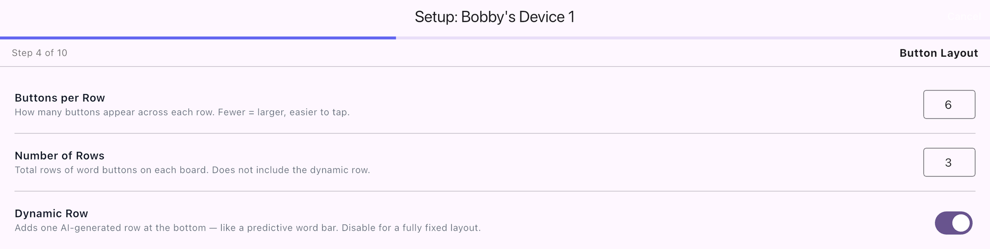 Button Layout step: 6 buttons per row, 3 rows, Dynamic Row switched on