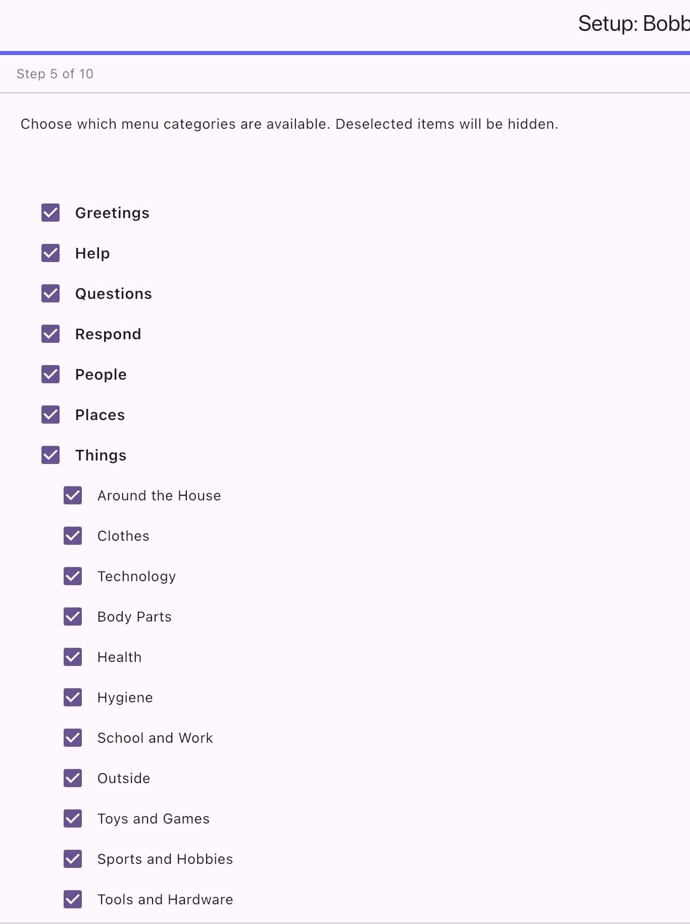 Menu Options step with Greetings, Help, Questions, Respond, People, Places and Things, plus Things sub-categories