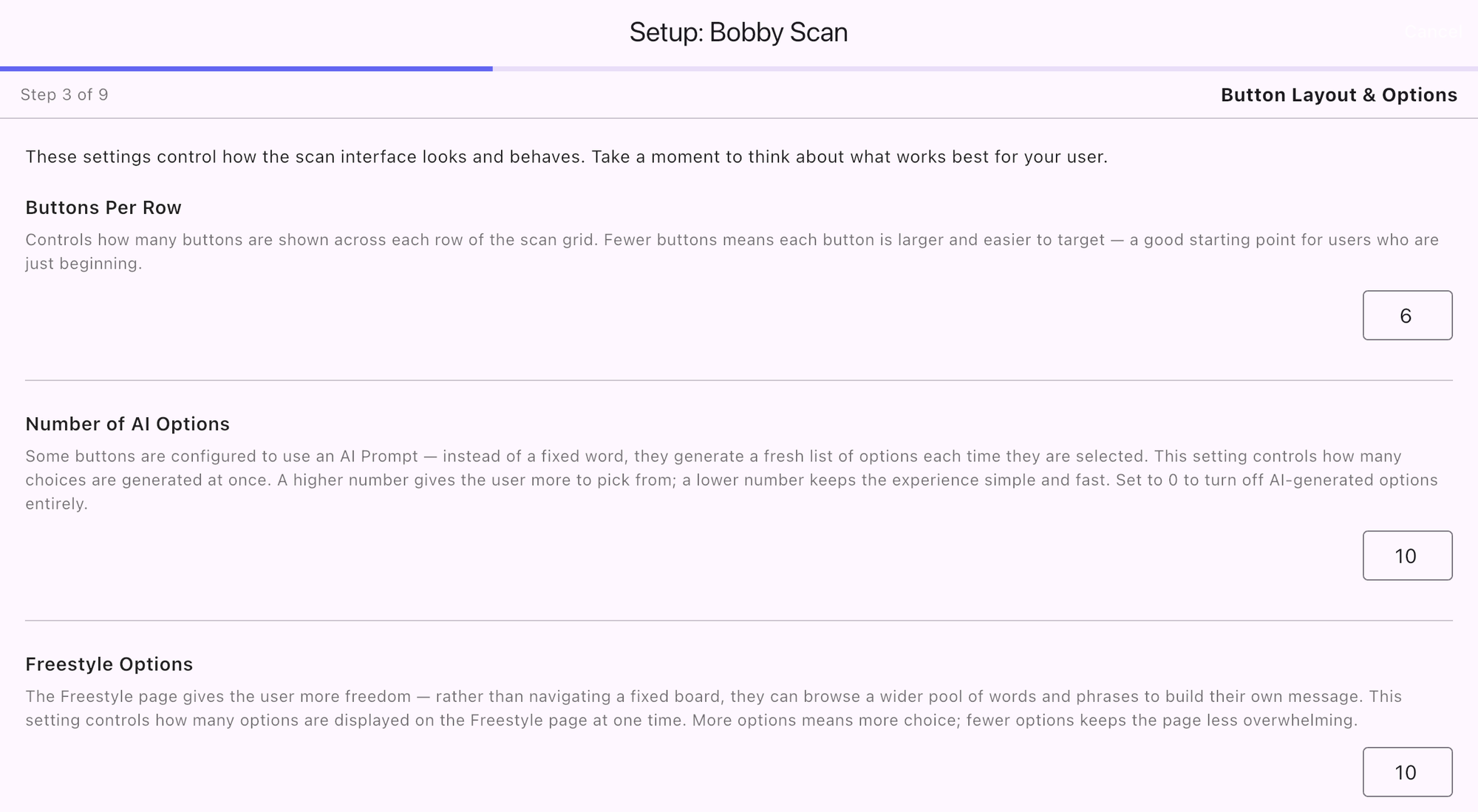 Scan Button Layout and Options step: 6 buttons per row, 10 AI options, 10 Freestyle options