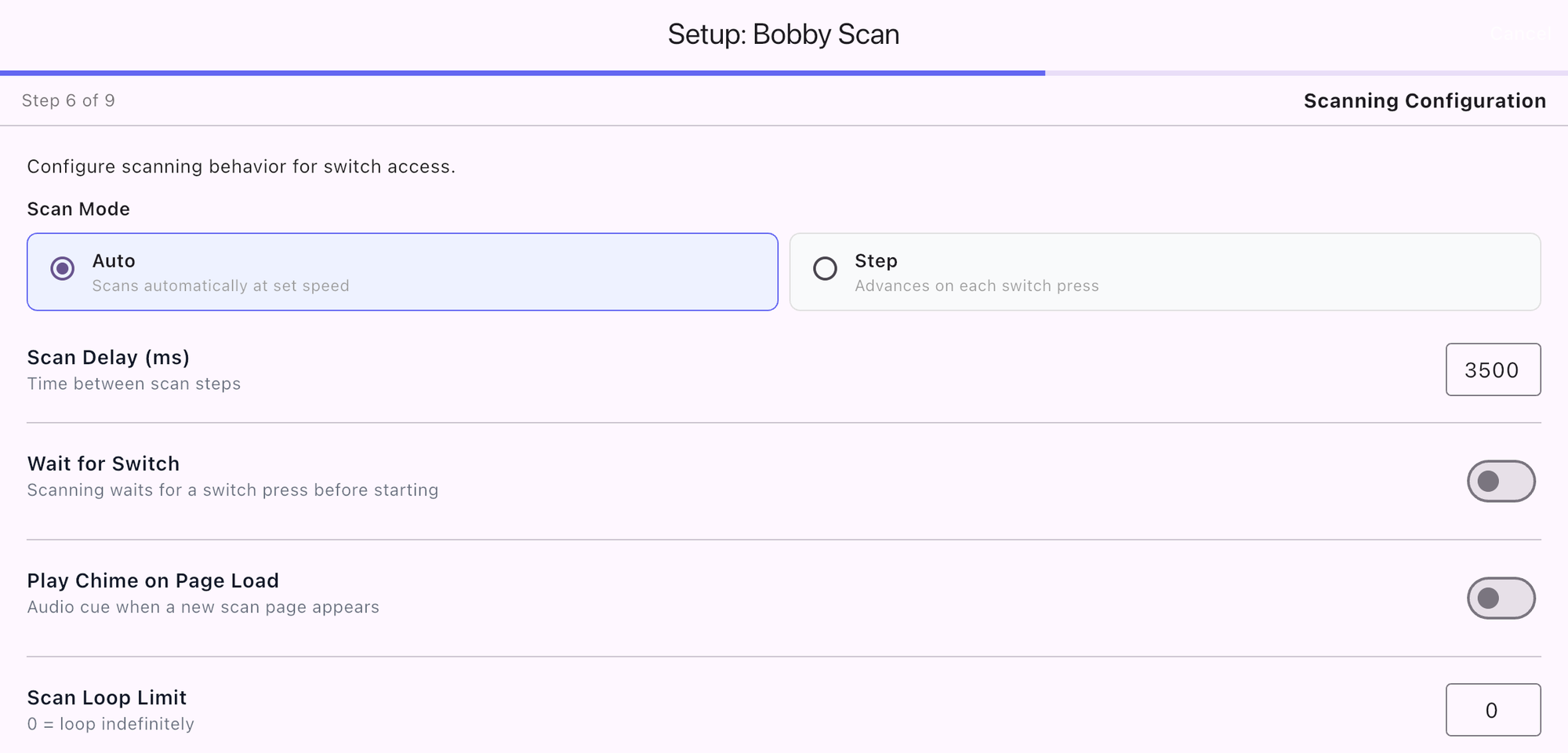 Scanning Configuration step: Auto scan mode, 3500 ms scan delay, Wait for Switch off, Play Chime off, Scan Loop Limit 0