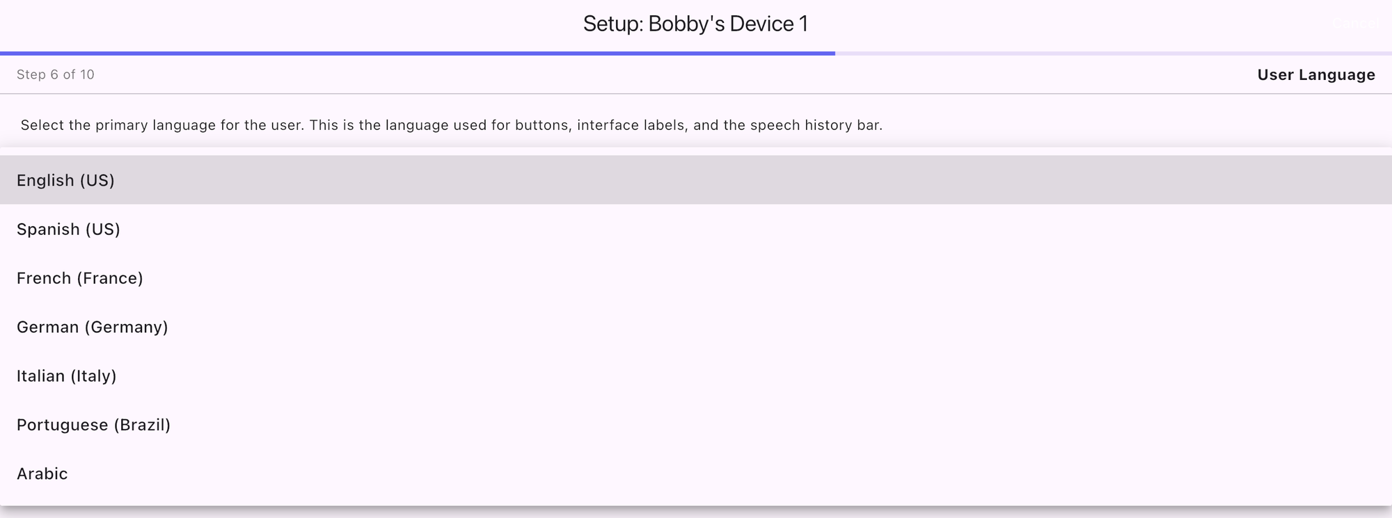 User Language step listing English, Spanish, French, German, Italian, Portuguese and Arabic