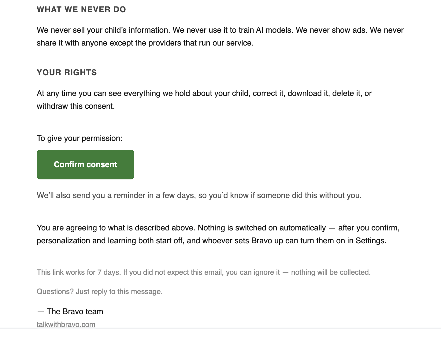 Consent email: what we never do, your rights, and a green Confirm consent button