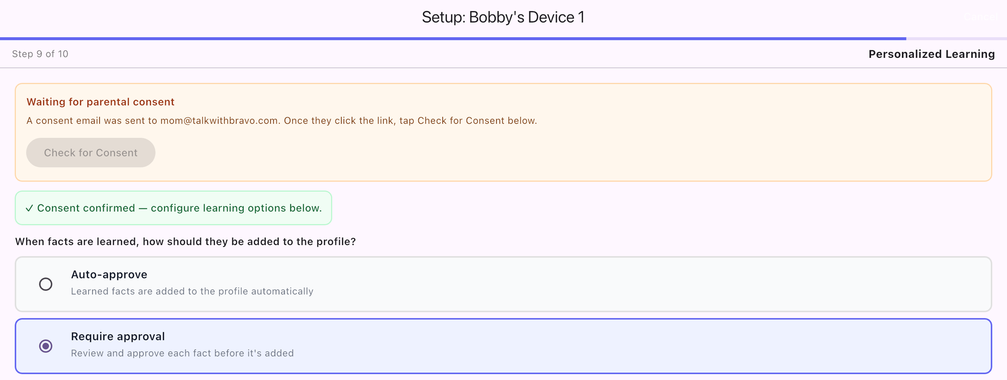 Consent confirmed, with Auto-approve and Require approval options; Require approval is selected