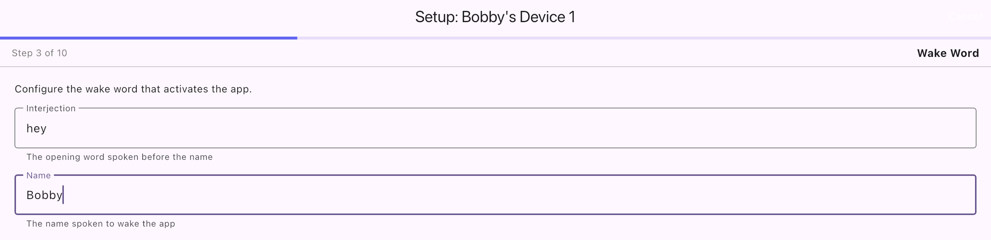 Wake Word setup screen with interjection hey and name Bobby