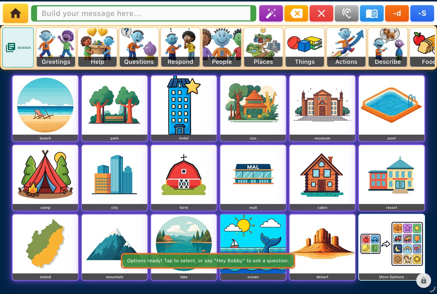 Tap screen with picture options such as beach, park, camp and mountain, and the message Options ready
