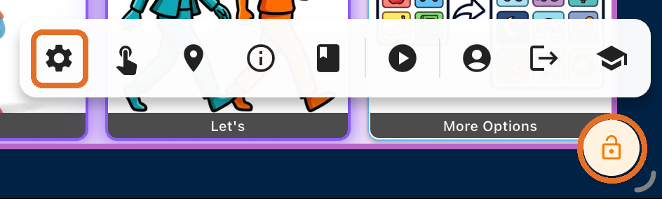 Admin toolbar with the Lock icon and Settings gear highlighted