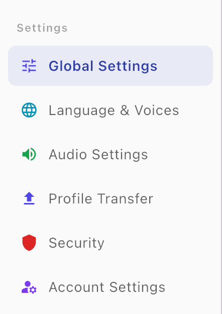Admin Settings sidebar listing six sections