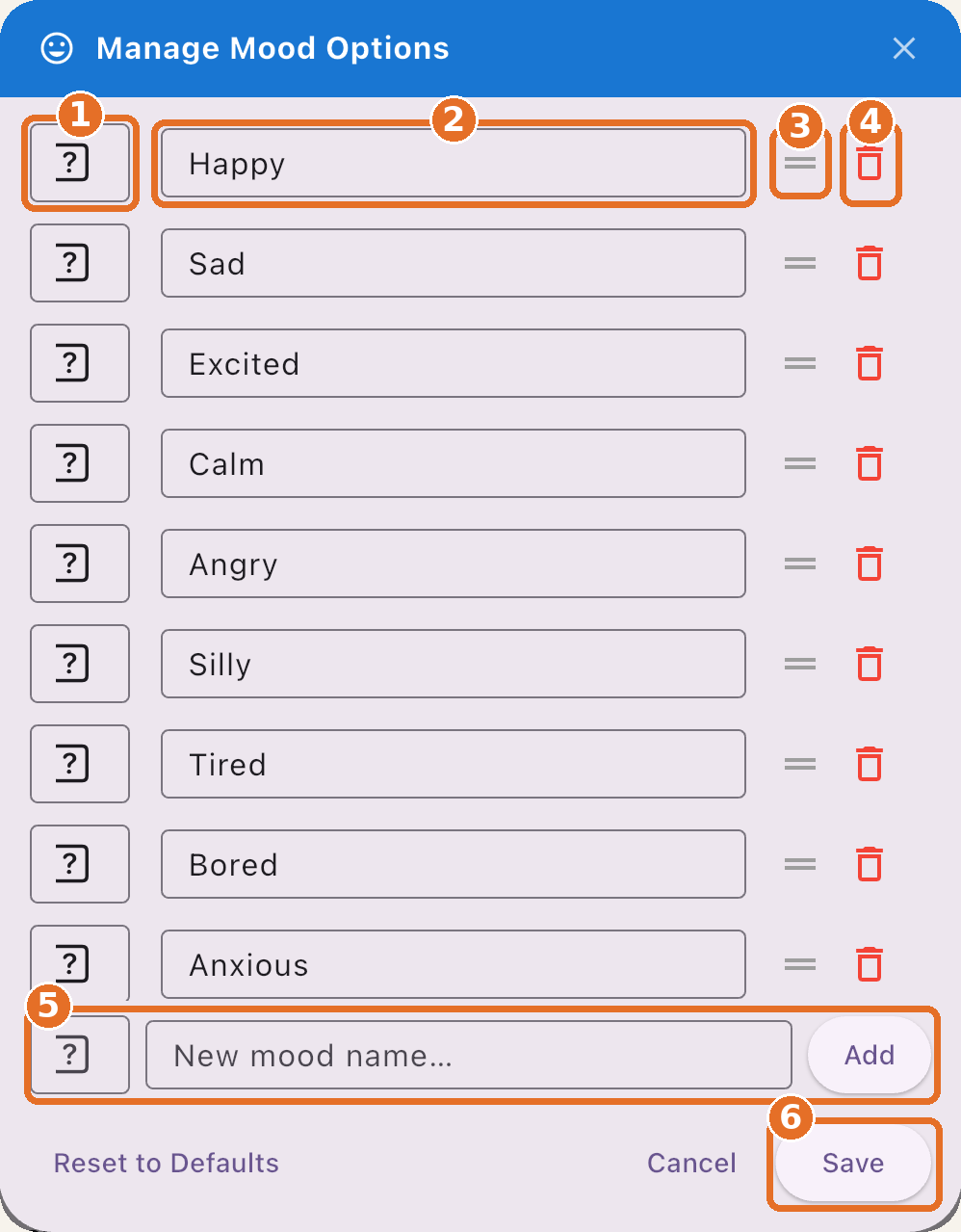 Manage Mood Options window with numbered callouts