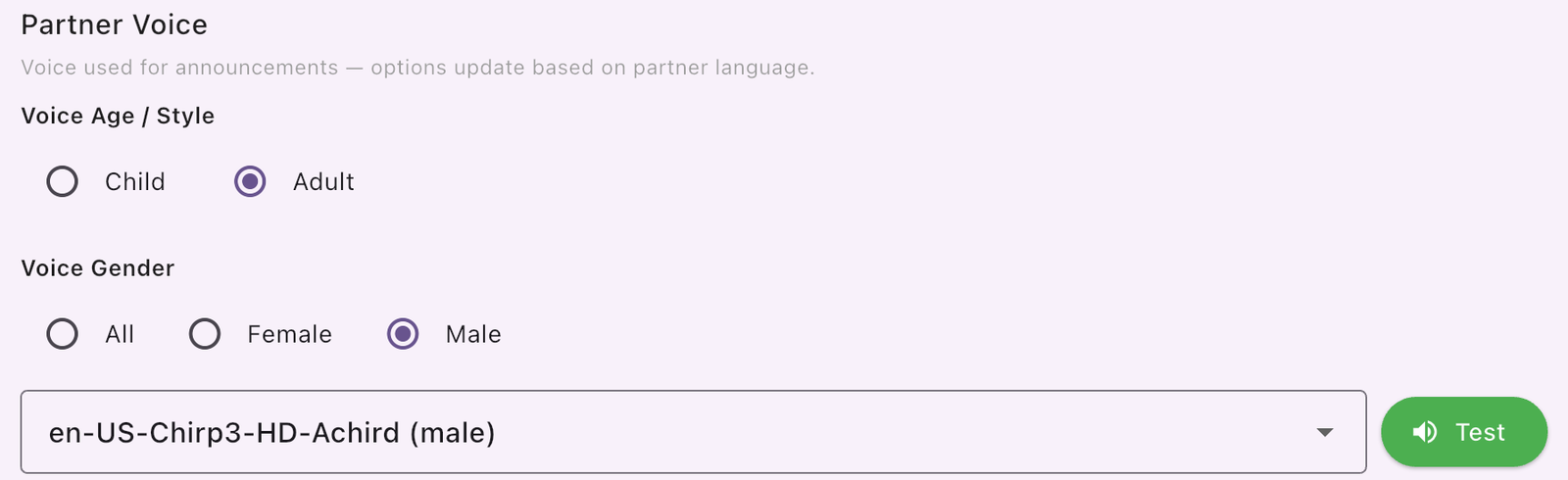 Partner Voice settings with voice list and Test button
