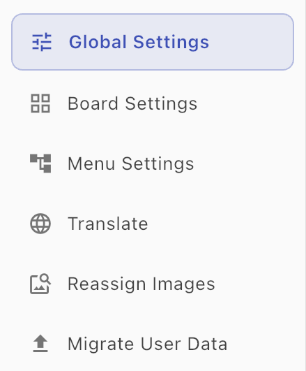 Tap Interface Admin sidebar listing six sections