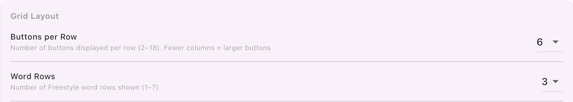 Grid Layout settings: Buttons per Row and Word Rows
