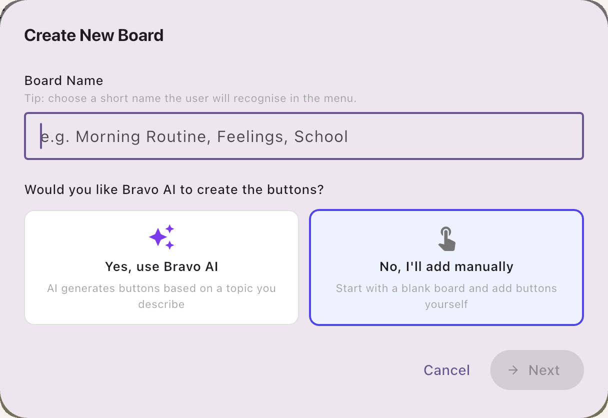 Create New Board with the manual option