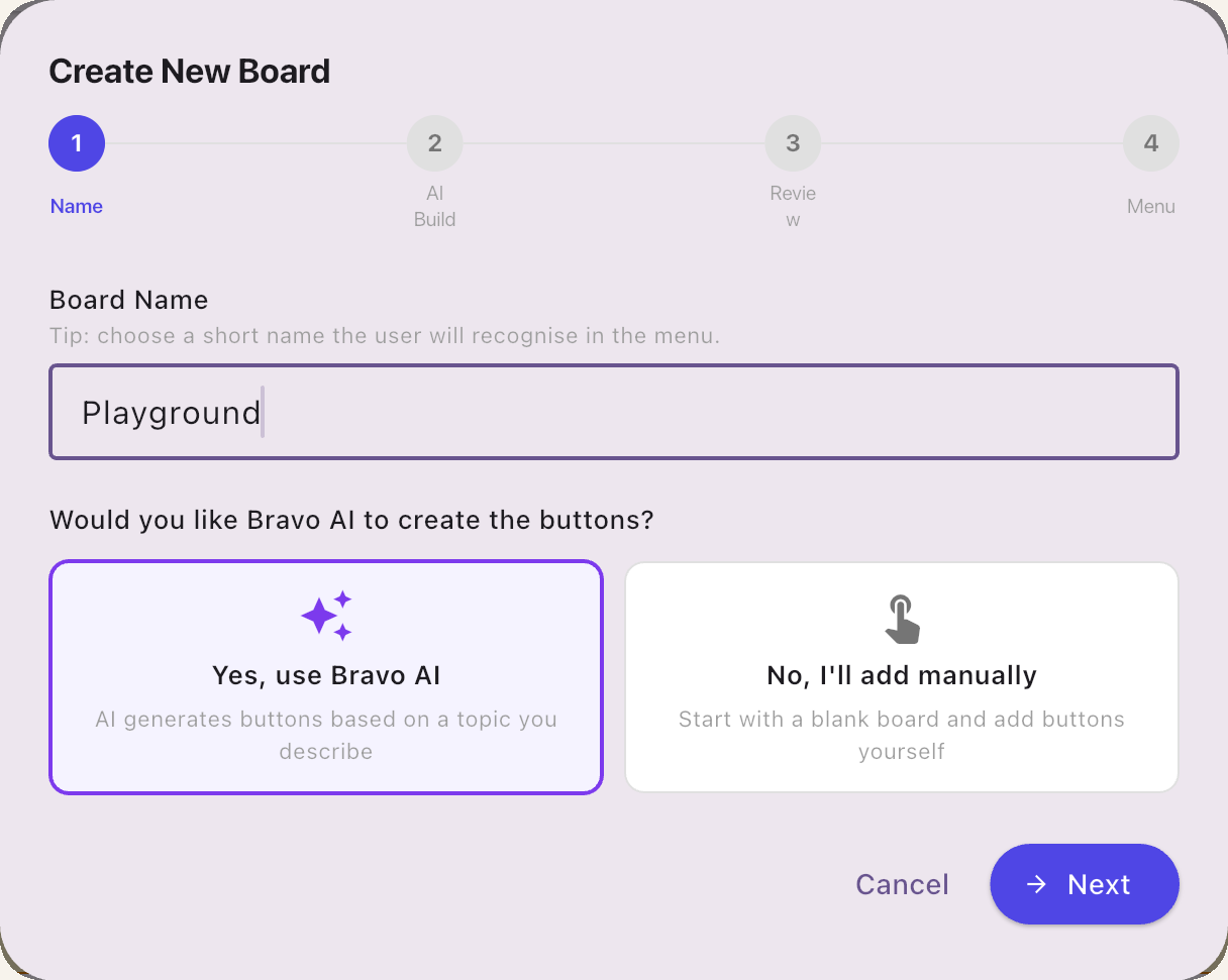 Create New Board with Bravo AI selected