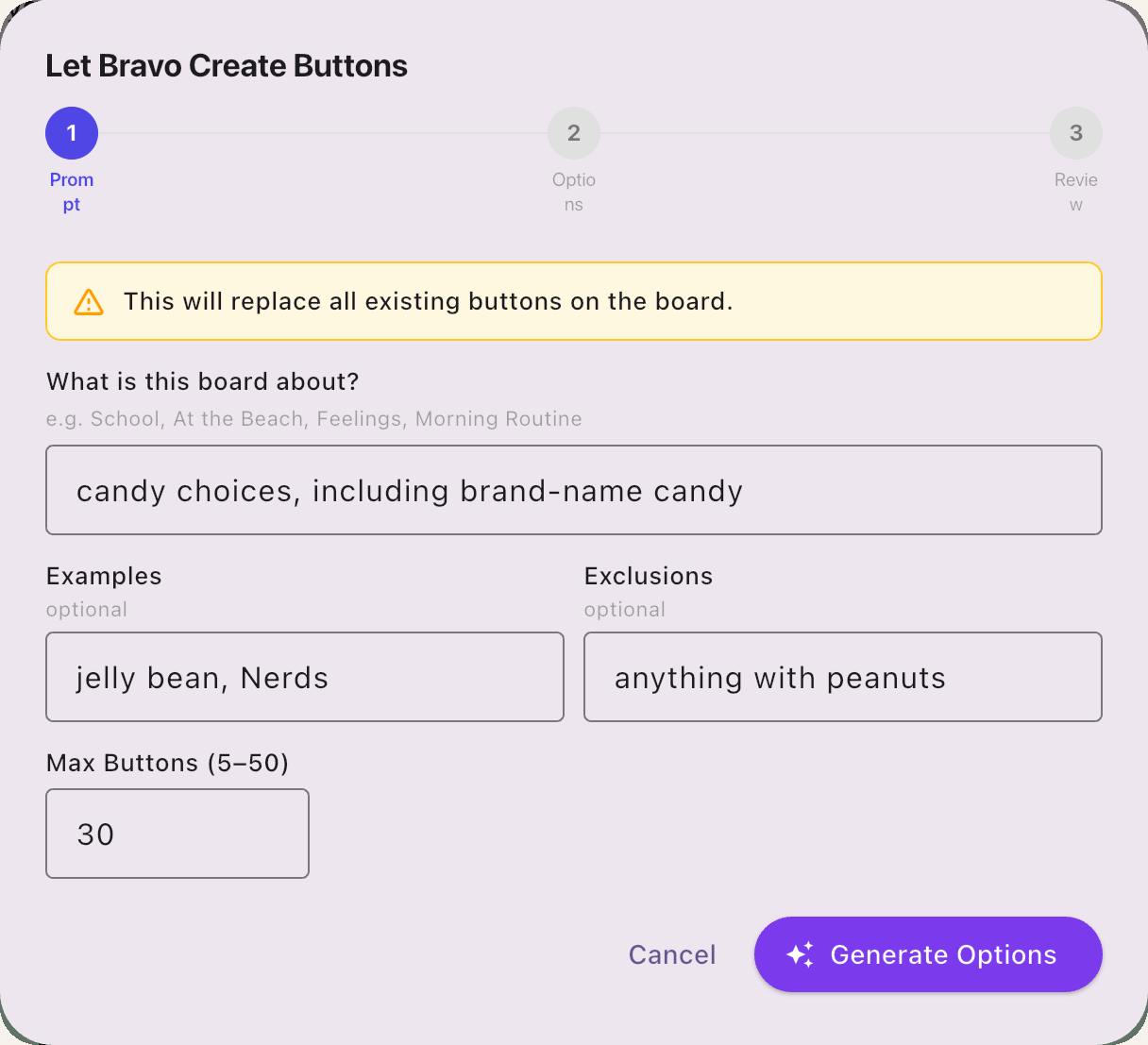 Prompt: candy choices, examples and exclusions