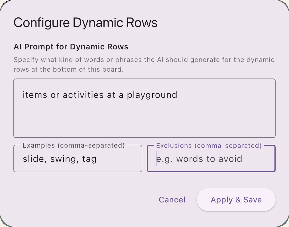 Configure Dynamic Rows: AI prompt, examples and exclusions