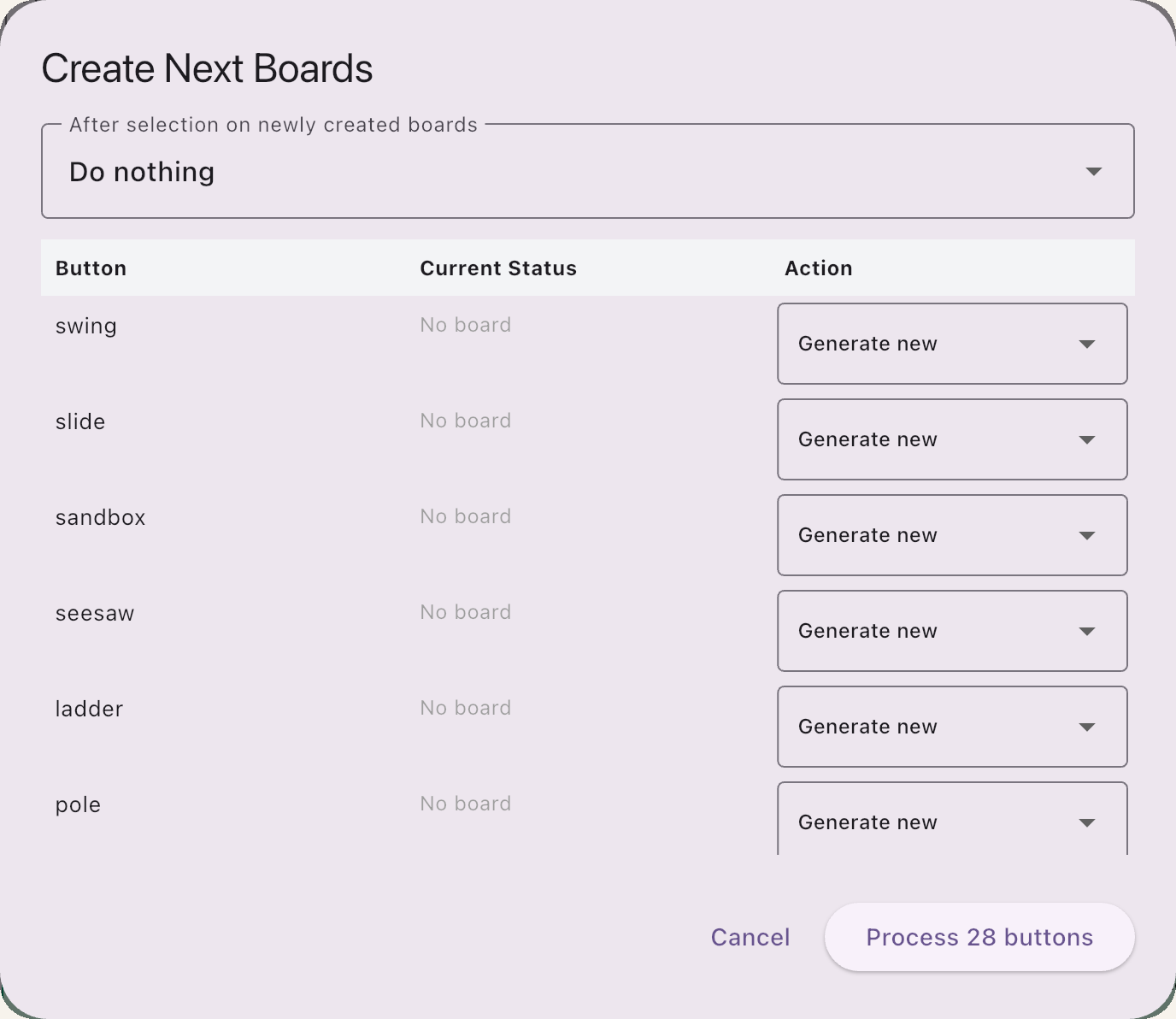 Create Next Boards: each button with its status and action