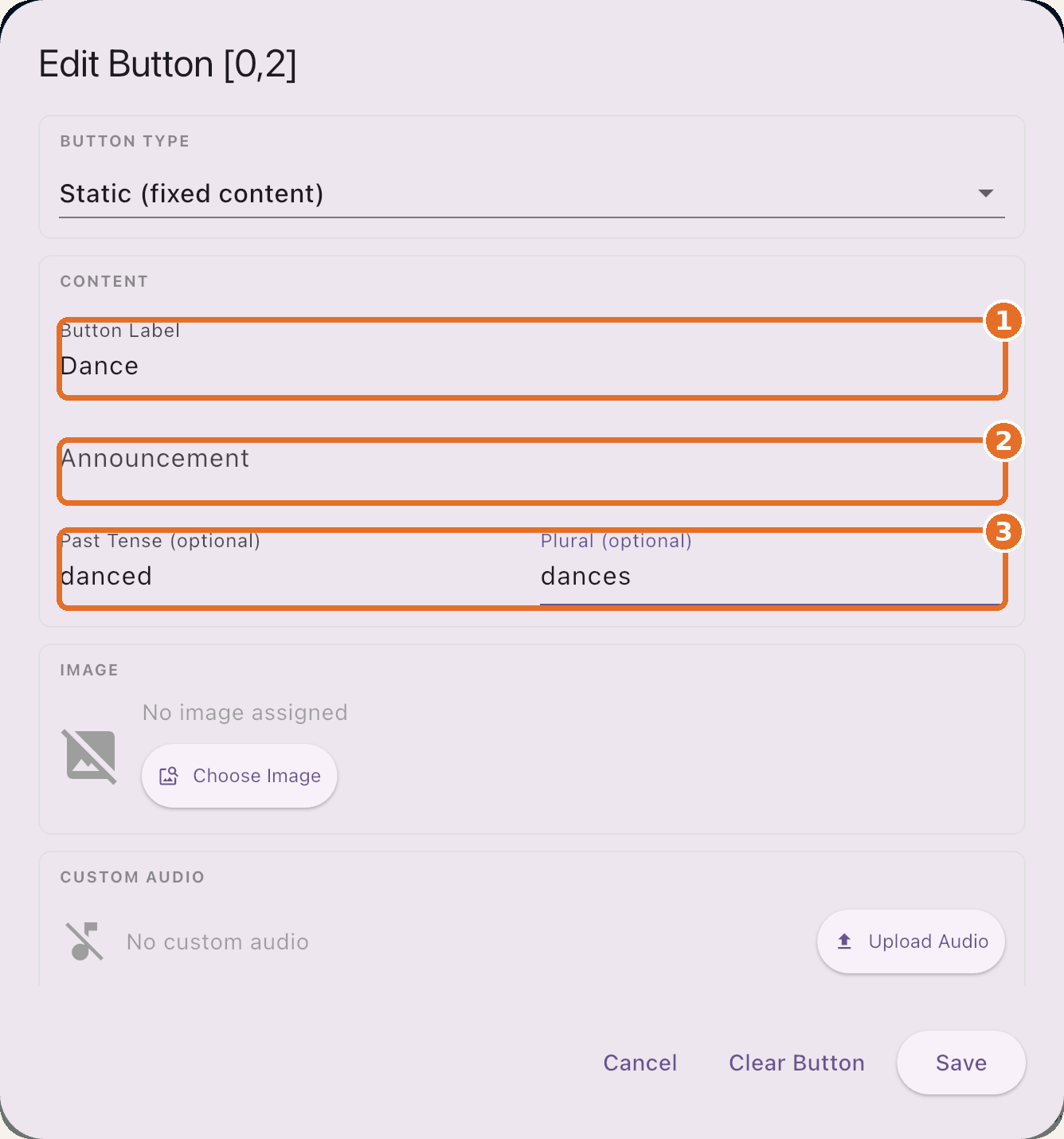 Edit Button: label, announcement, past tense and plural