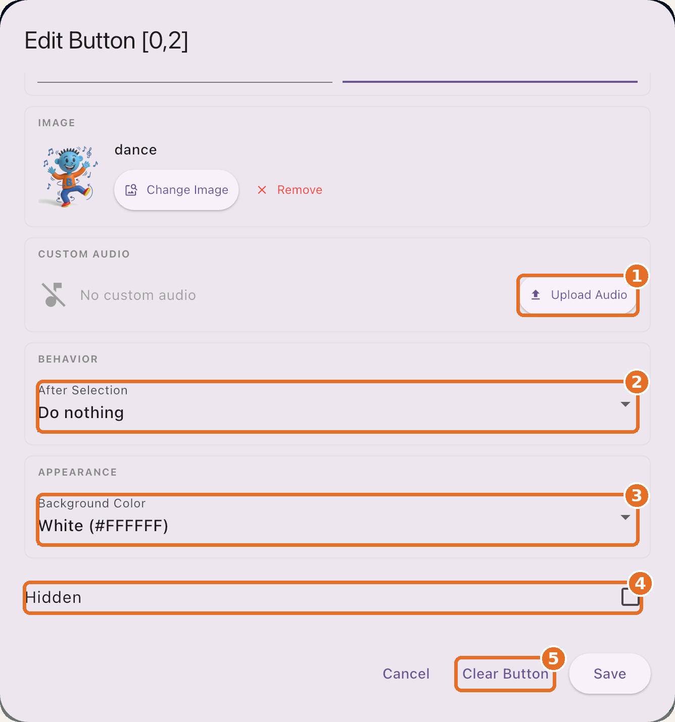 Edit Button: custom audio, behavior, appearance, hidden and Clear Button