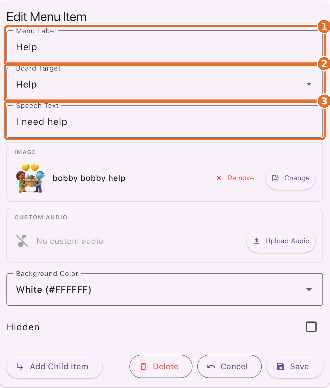 Edit Menu Item with Menu Label, Board Target and Speech Text highlighted