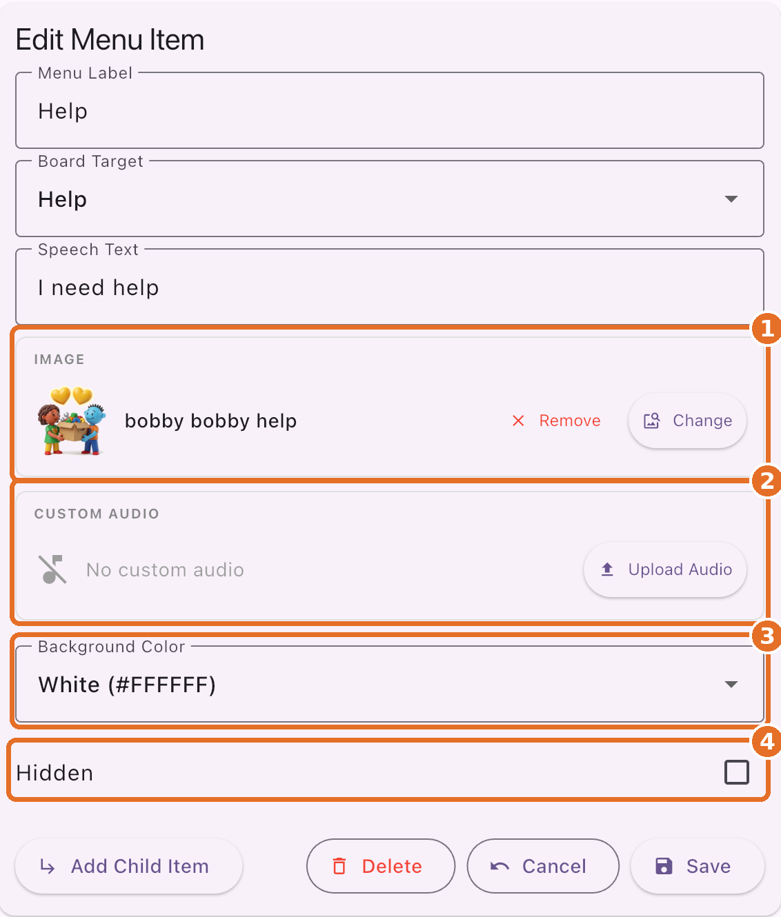 Edit Menu Item with Image, Custom Audio, Background Color and Hidden highlighted