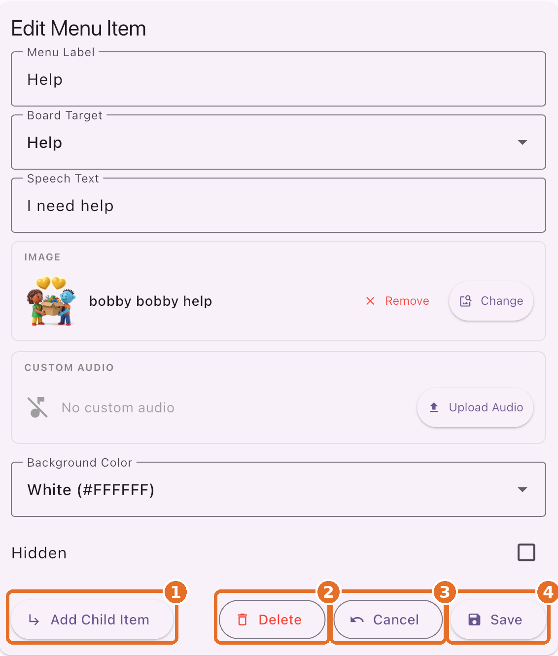Edit Menu Item with Add Child Item, Delete, Cancel and Save highlighted