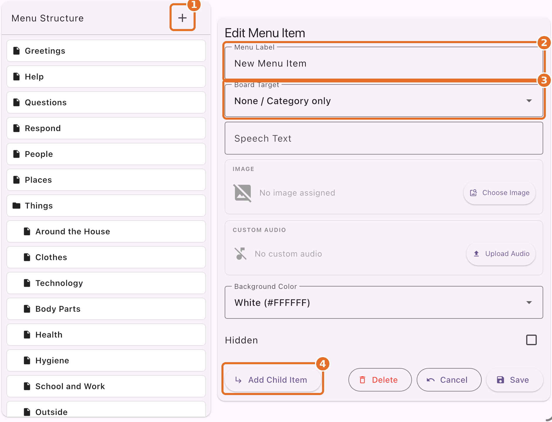 A new menu item with the plus button, Menu Label, Board Target set to None / Category only, and Add Child Item highlighted