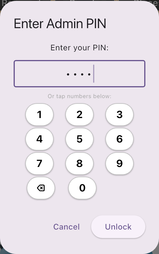 Admin PIN entry screen