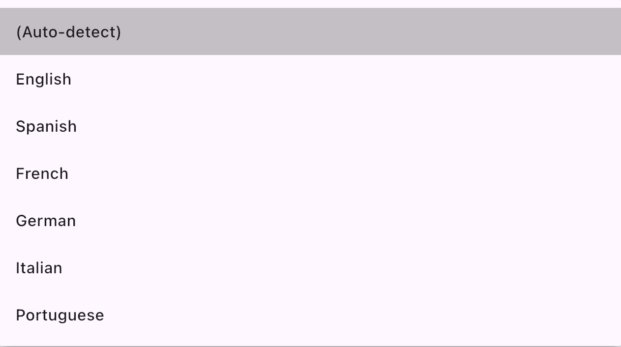 Source Language list, starting with Auto-detect
