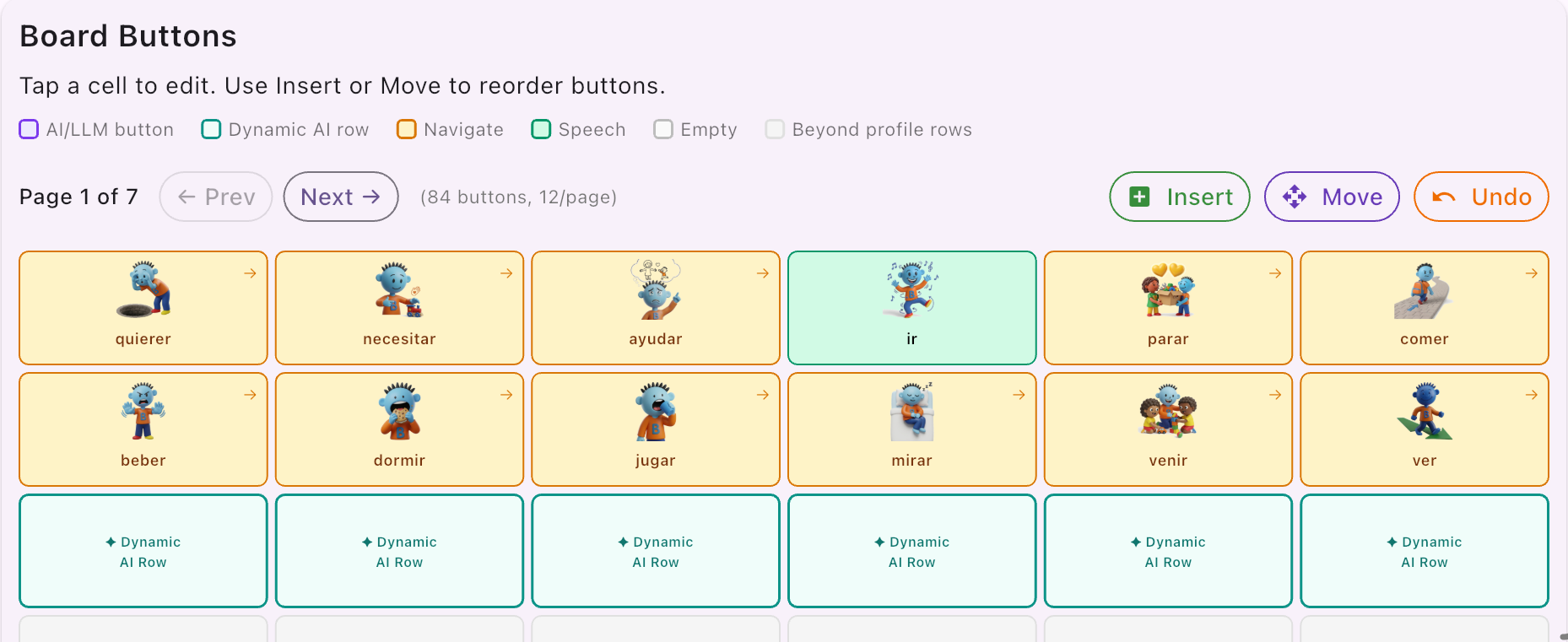 Board Settings showing the Actions board in Spanish