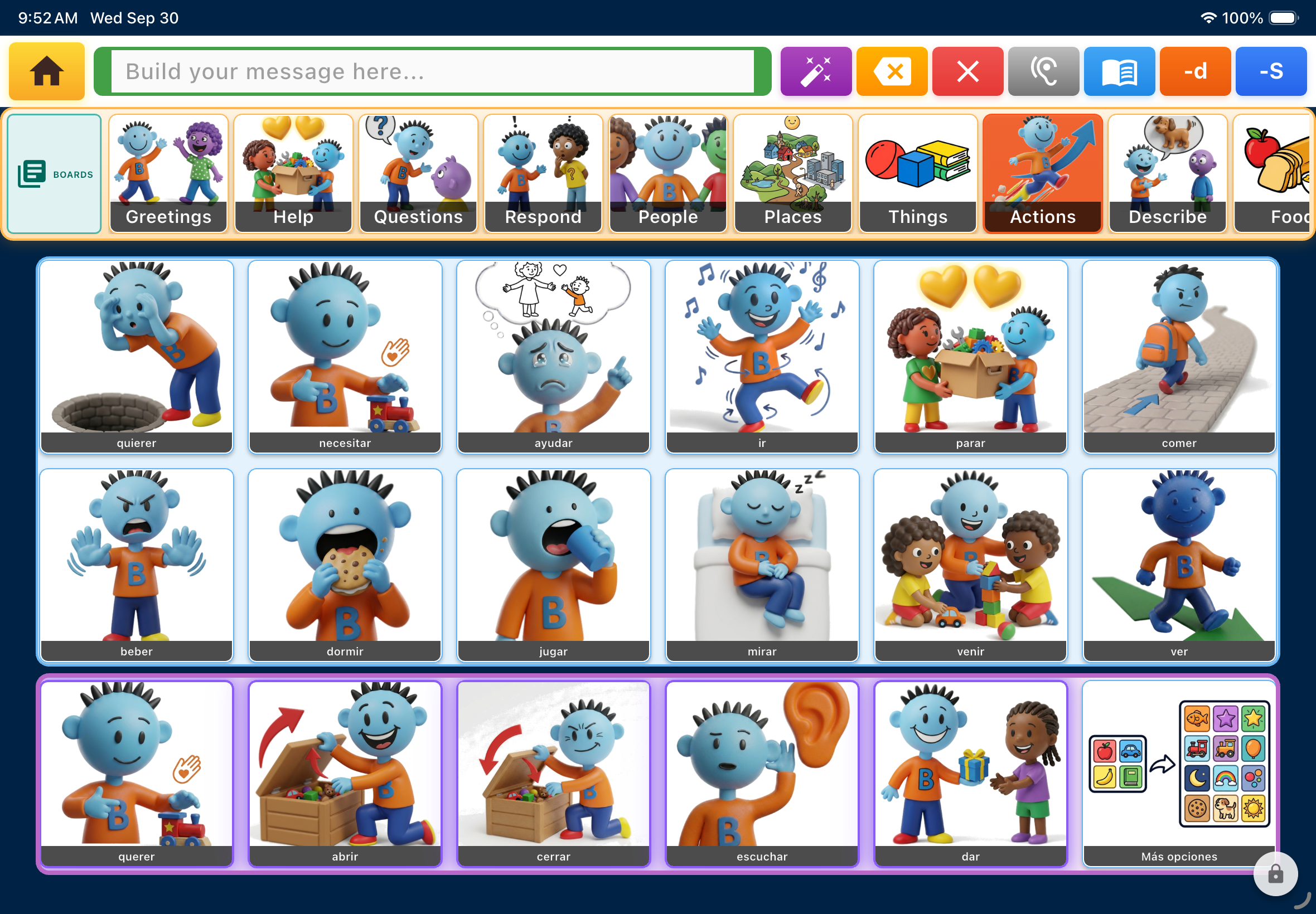 Tap Interface showing the Actions board in Spanish