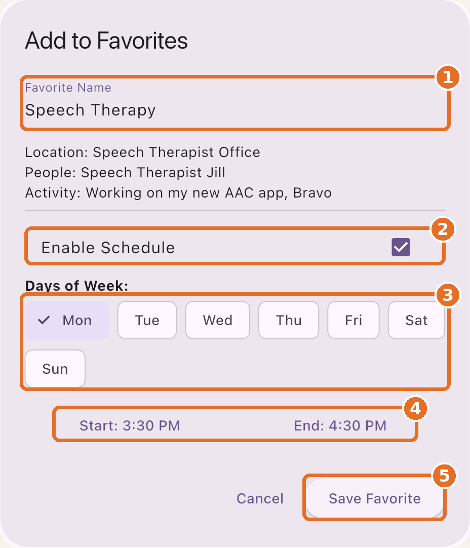 Add to Favorites with name, Enable Schedule, days and times