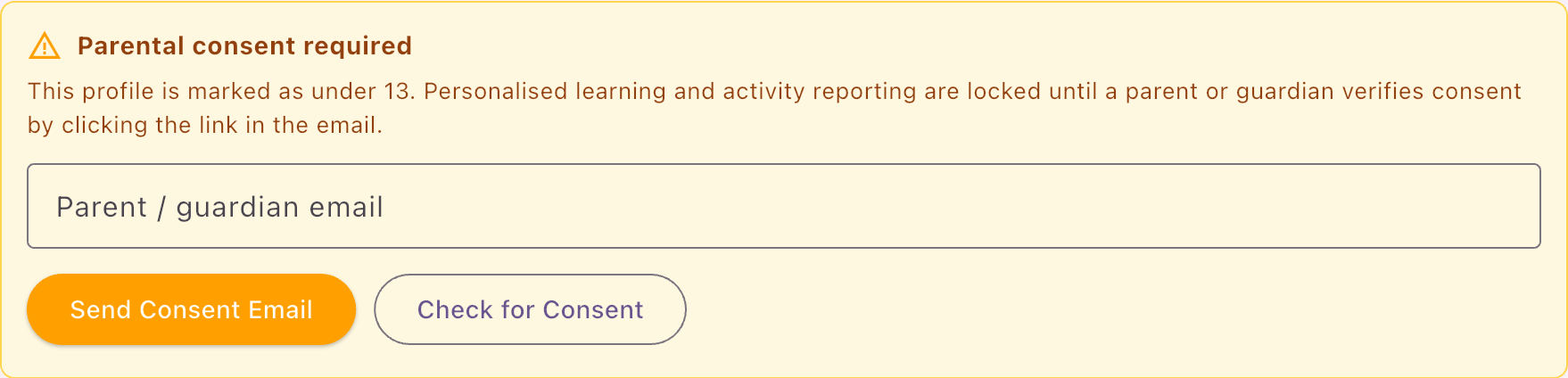 Parental consent required panel with email field and Send Consent Email