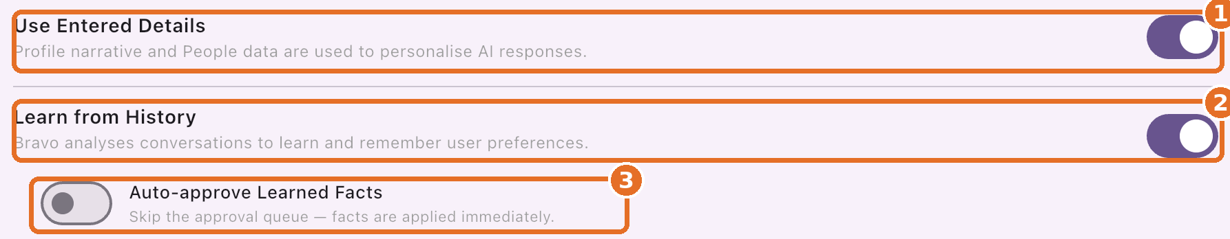 Use Entered Details, Learn from History and Auto-approve Learned Facts switches