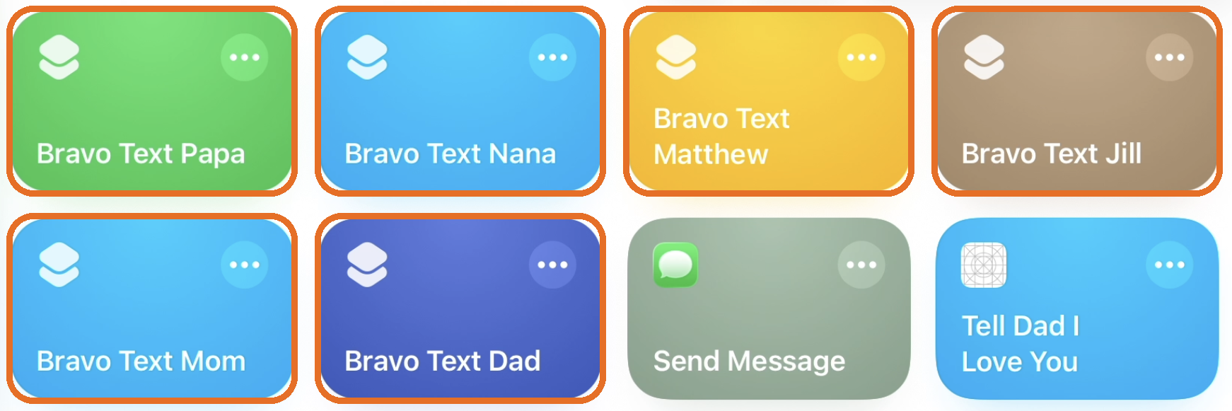 Shortcuts library with Bravo Text Papa, Nana, Matthew, Jill, Mom and Dad highlighted