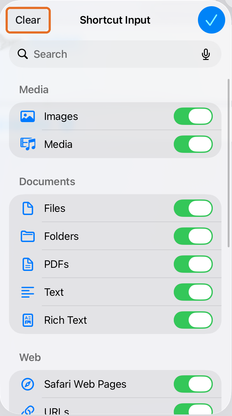 All input types turned on, Clear highlighted