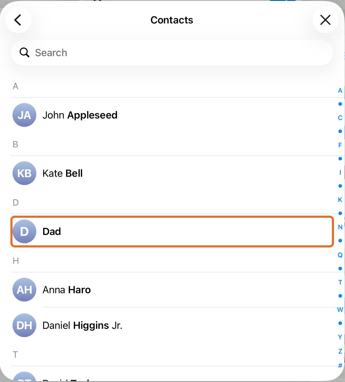 Contacts list with Dad highlighted