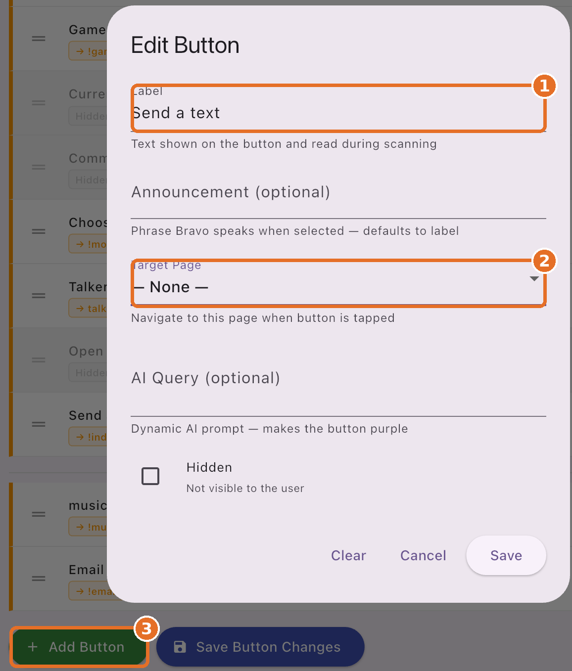 Edit Button with Label, Target Page and Add Button highlighted