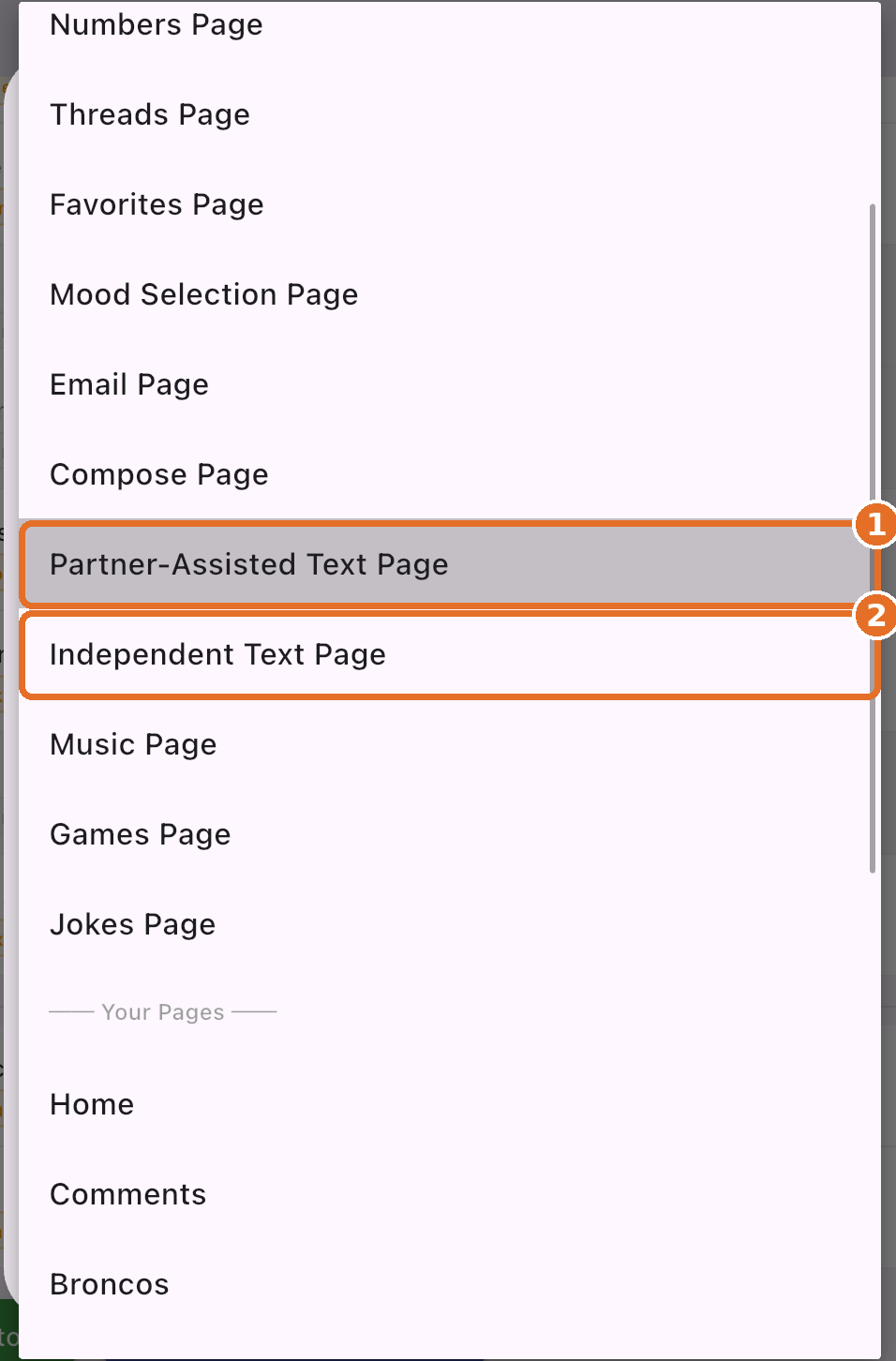 Target Page list with Partner-Assisted and Independent Text Page highlighted