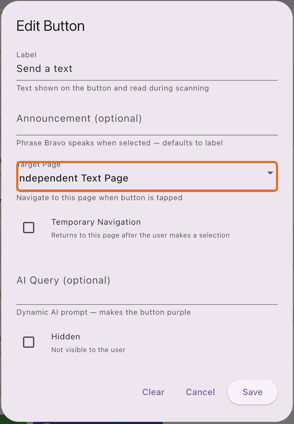 Target Page set to Independent Text Page