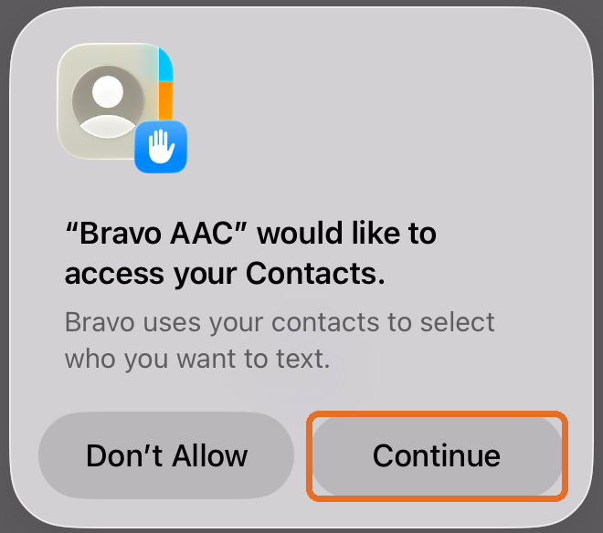 Bravo AAC would like to access your Contacts, Continue highlighted