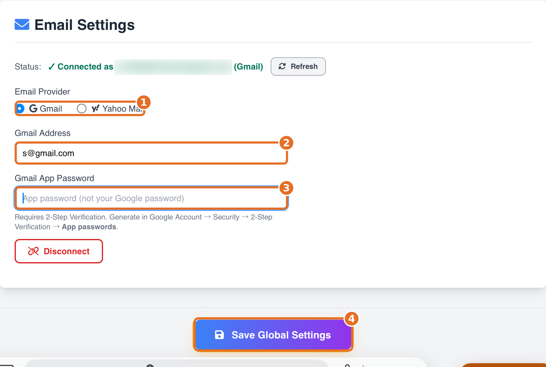 Email Settings: provider, address, App Password and Save highlighted