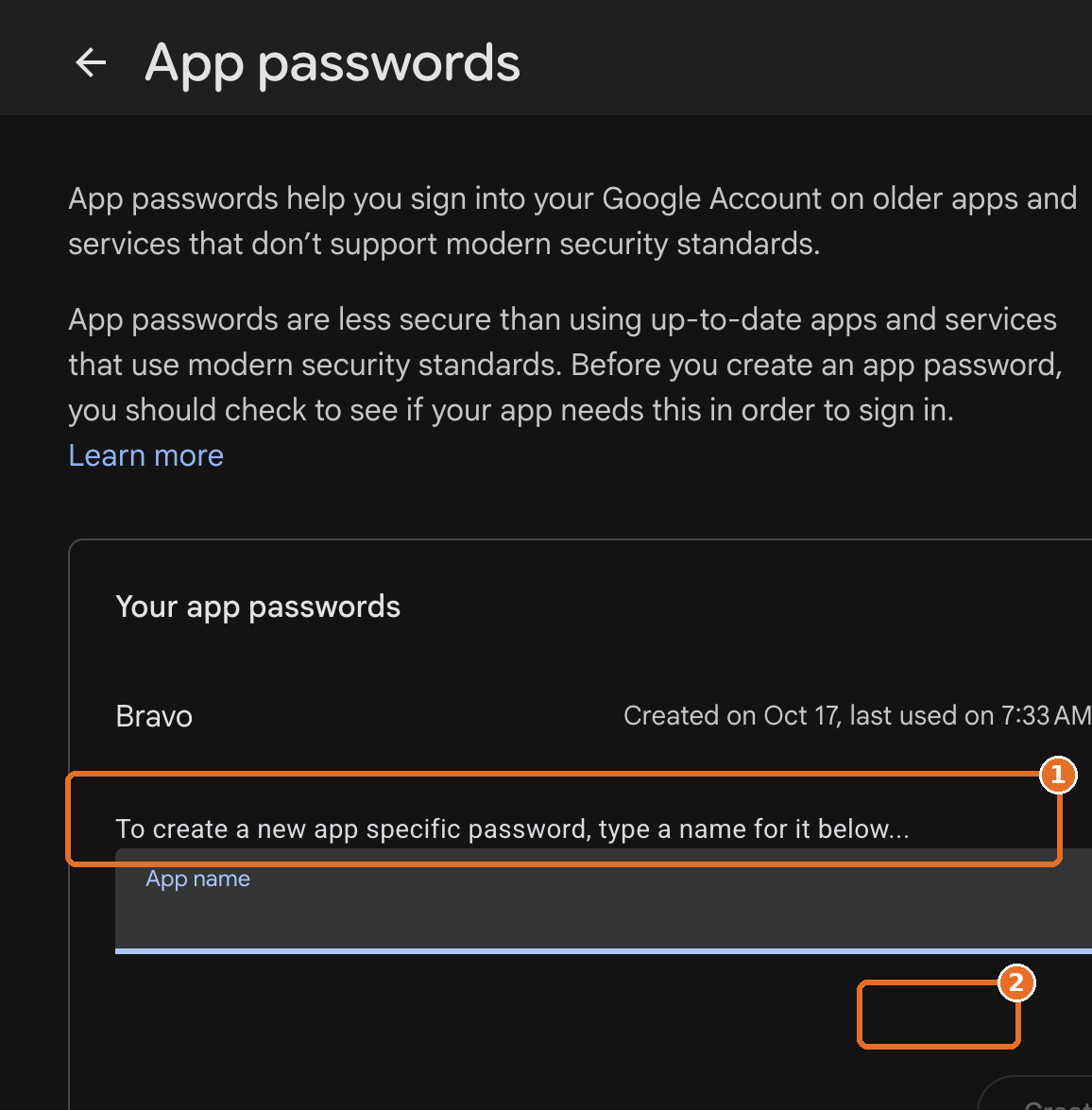 Google Account App passwords page with App name and Create highlighted