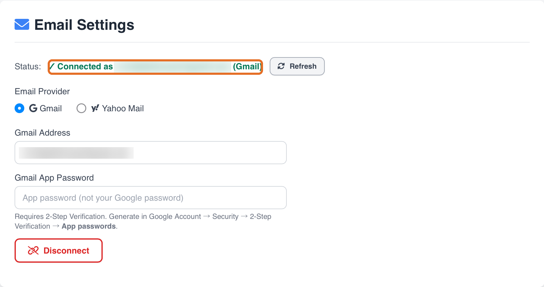 Status: Connected (Gmail), address blurred