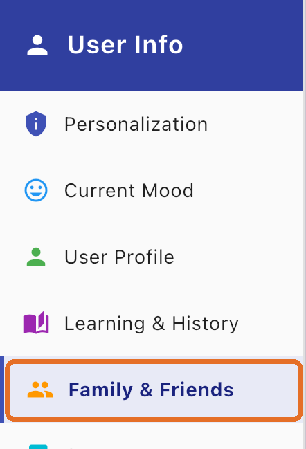 User Info menu with Family and Friends highlighted