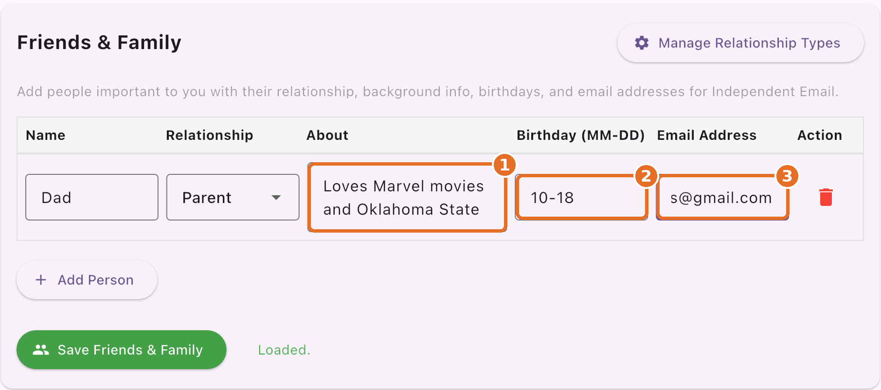 Family and Friends with About, Birthday and Email Address highlighted