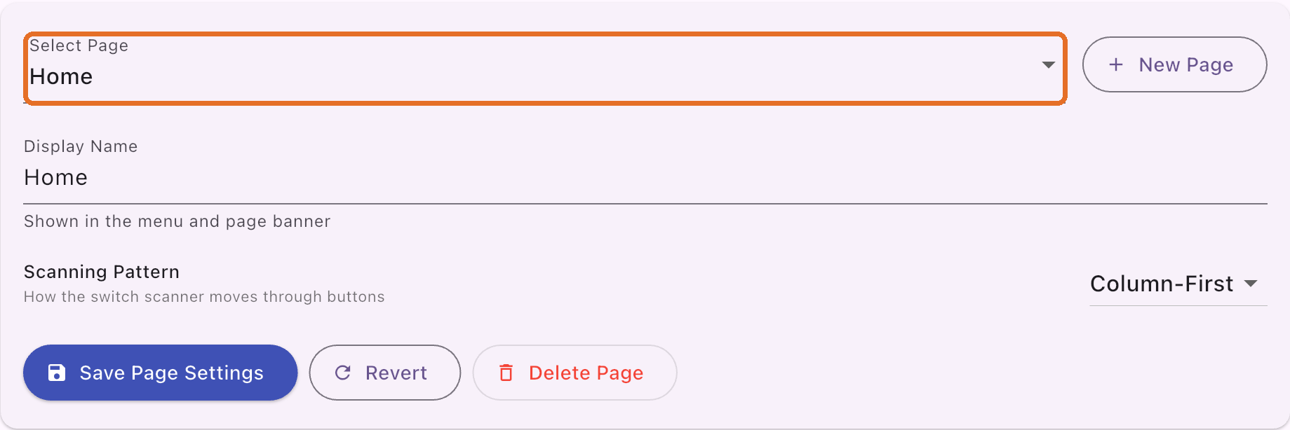 Pages and Buttons with Select Page highlighted