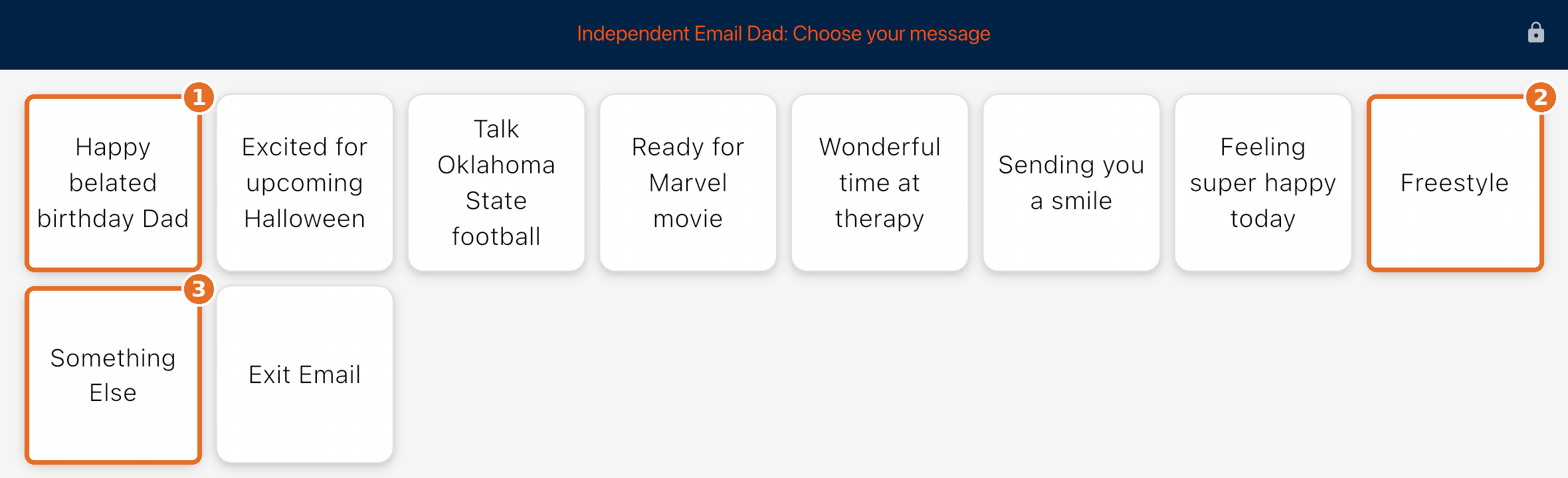 Email options: Happy belated birthday Dad, Freestyle and Something Else highlighted